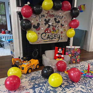 My sons DYI customer painted banner with matching ballon frame themed Mickey and his gifts 