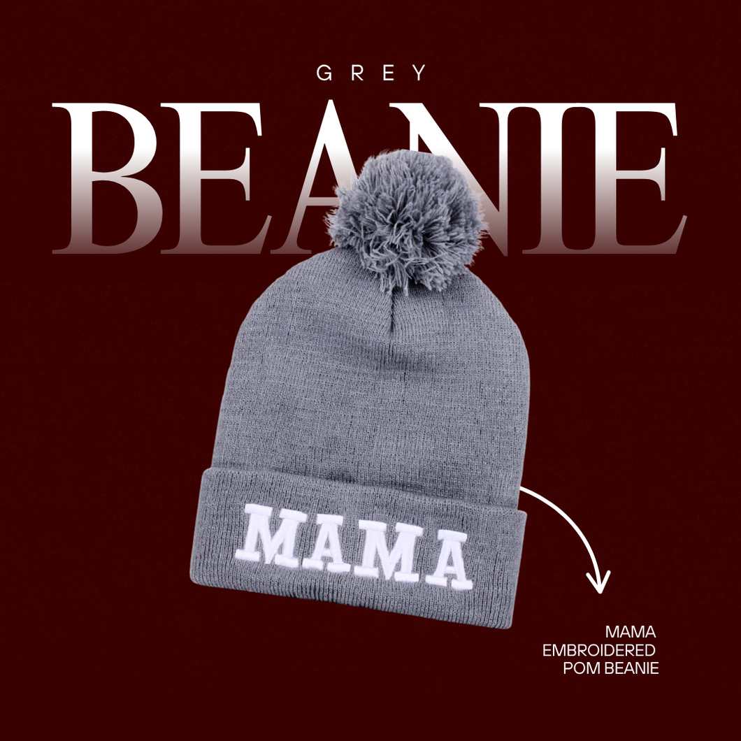 MAMA Embroidered Pom Pom Beanie Cuffed Style