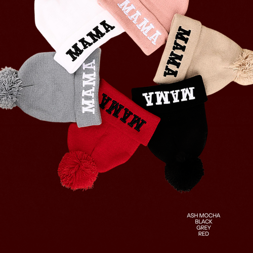 MAMA Embroidered Pom Pom Beanie Cuffed Style