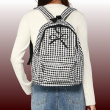 Coquette Bow Embroidered Checkered Backpack Multi-Pocket Design