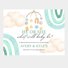 Gender reveal baby shower banner with watercolor rainbow saying He or She What Will Baby Be A Special Kind of Miracle Our Rainbow Baby with personalized couple names