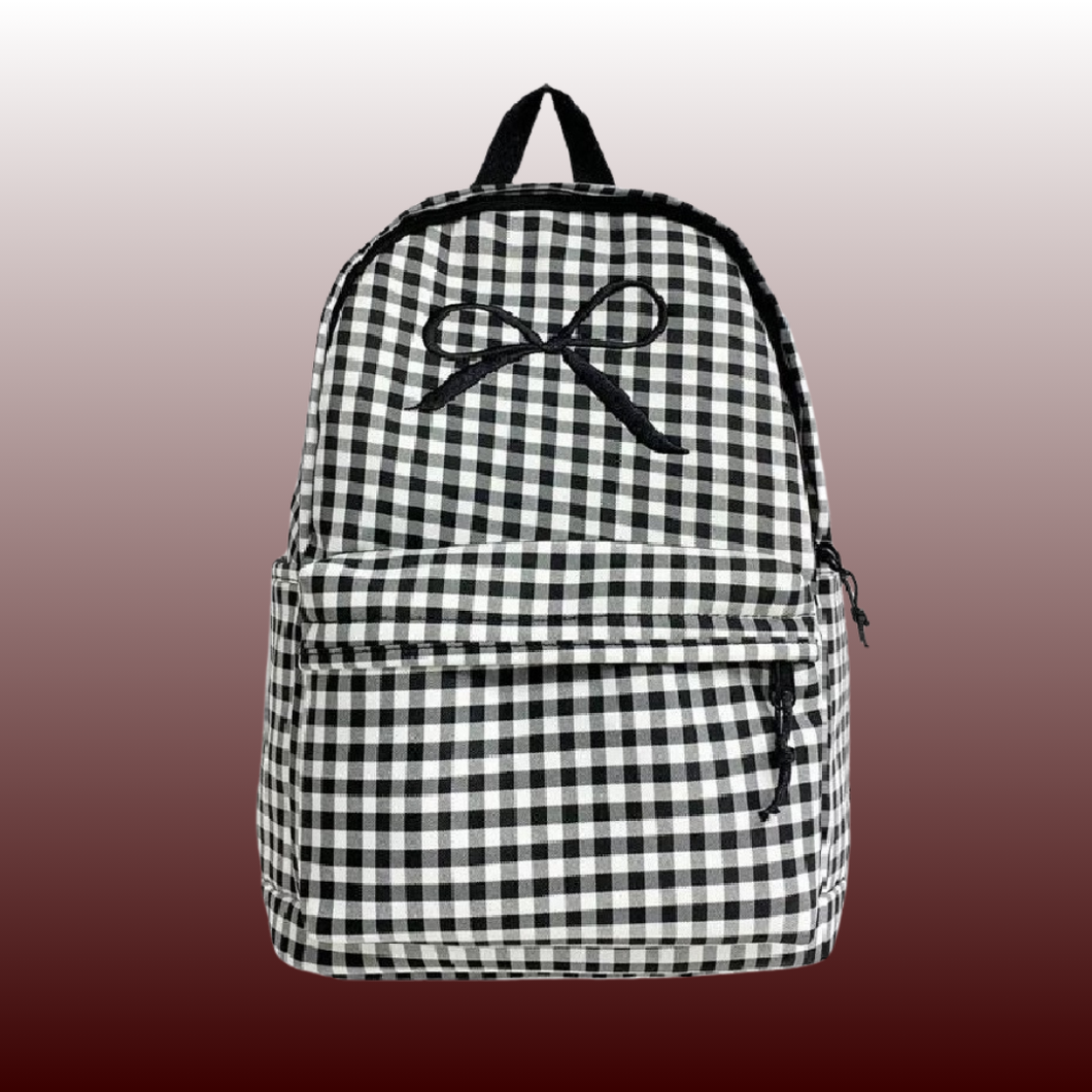 Coquette Bow Embroidered Checkered Backpack Multi-Pocket Design