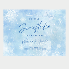 Winter baby shower banner with cascading blue and white snowflakes that says A Little Snowflake is On The Way with personalized name and arrival date