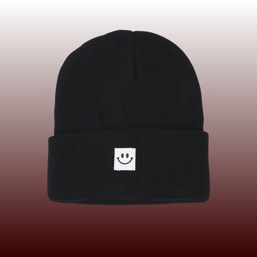 Smiley Face Patch Beanie Stretchy One Size Fits Most