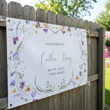 Clean simple baby shower welcome banner that says Showering Mom with Love for Baby with personalized names in modern typography