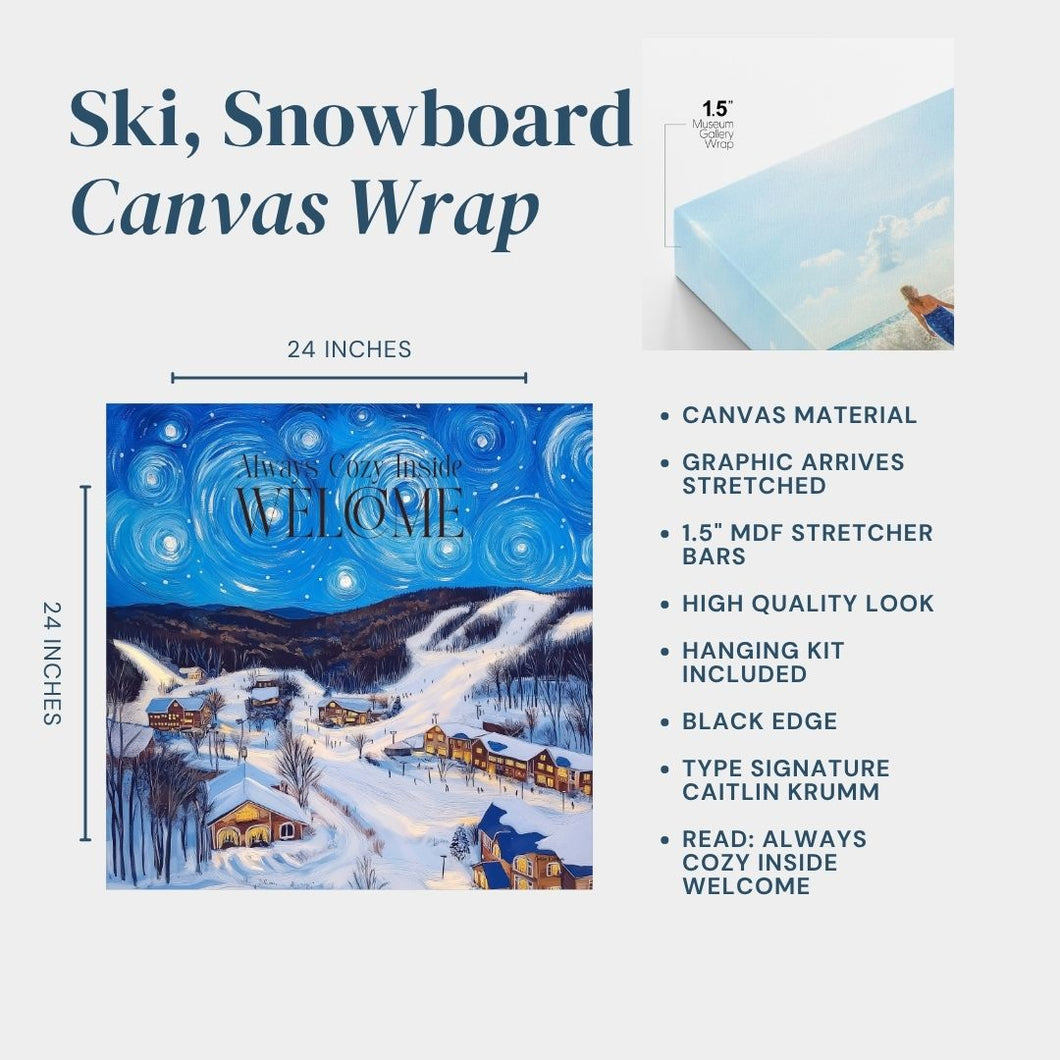 Cozy Ski Lodge Canvas Wall Art 24x24 | Winter Mountain Cabin Print | Snowy Night Landscape | Handmade Winter Decor Gift