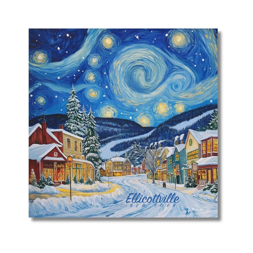 Ellicottville NY Winter Ski Village Canvas Art 24x24 | Snowy Mountain Lodge Decor | Starry Night Style Painting