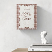 Welcome To Our Home Sign | Coquette Farmhouse 8x10 Canvas Print | Brown Plaid Wall Art | Modern Rustic Entryway Decor | Phone-Free Family Time Quote