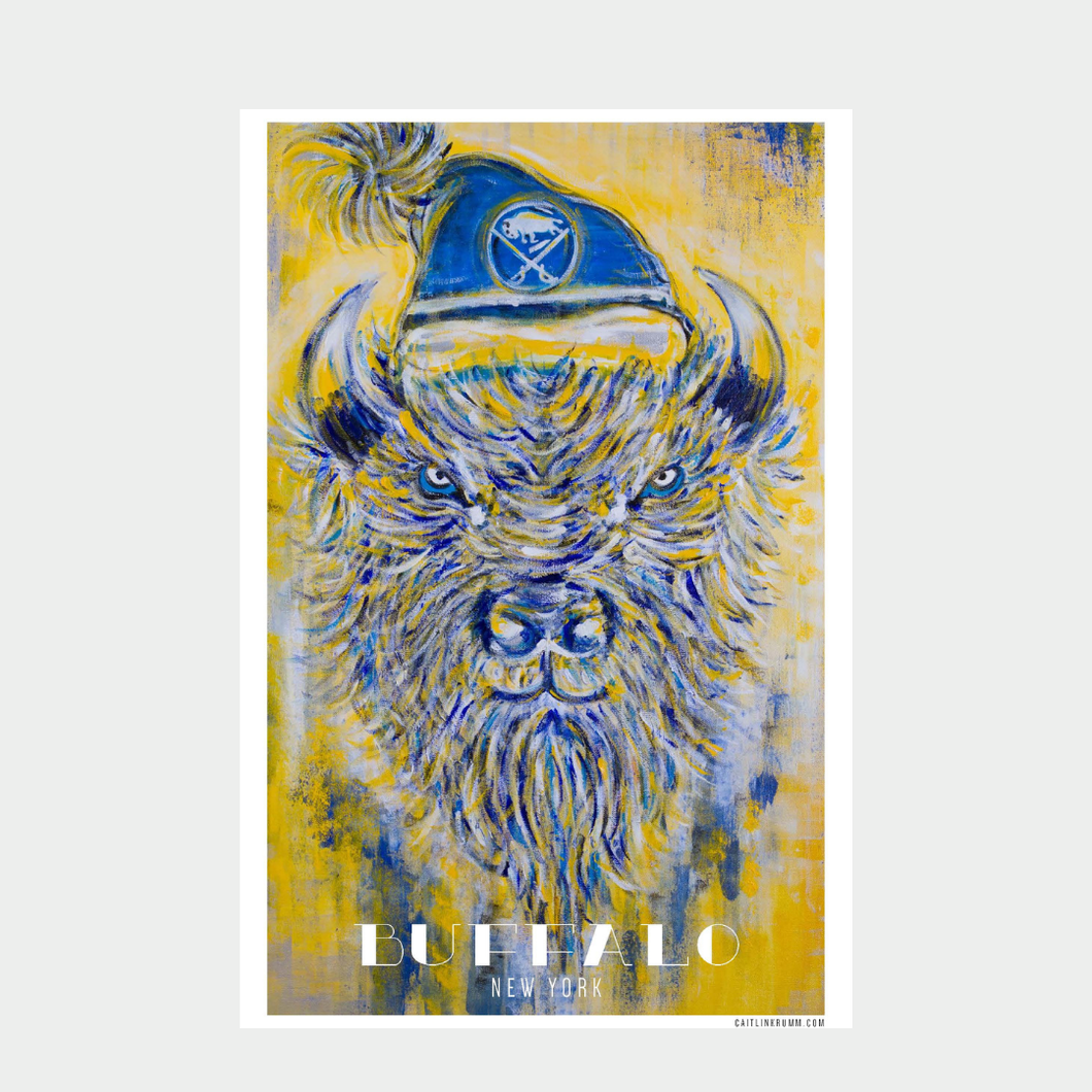 Artistic depiction of a buffalo wearing a blue hat with a yellow background