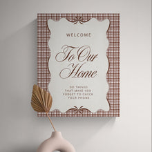 Welcome To Our Home Sign | Coquette Farmhouse 8x10 Canvas Print | Brown Plaid Wall Art | Modern Rustic Entryway Decor | Phone-Free Family Time Quote