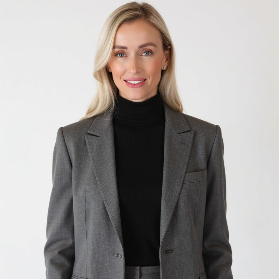 Caitlin Krumm wearing a gray blazer over a black turtleneck on a white background