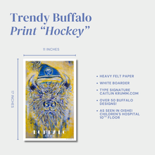 Poster of a buffalo wearing a blue hat with text about the product on a white background