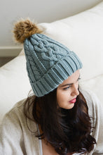 Mint Cable Knit Pom Pom Beanie